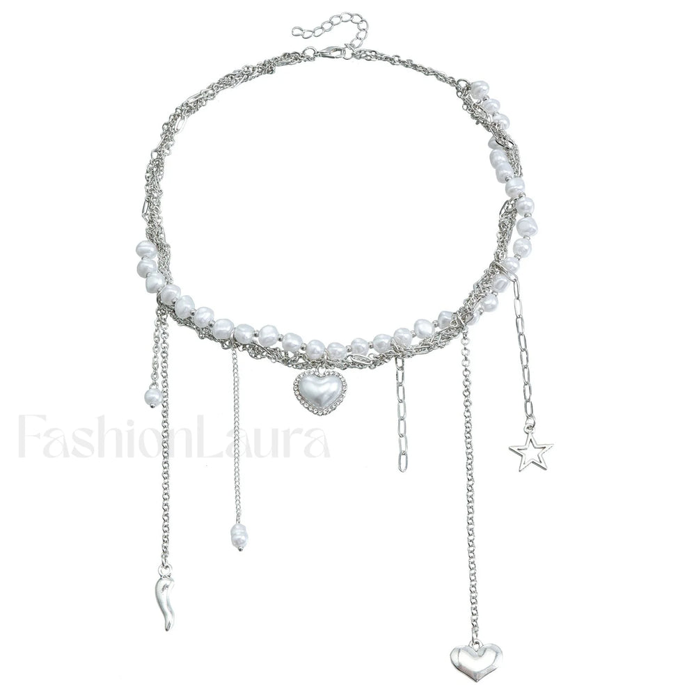 Multi layer Tassel Pearl Star Pendant Necklace STEEL