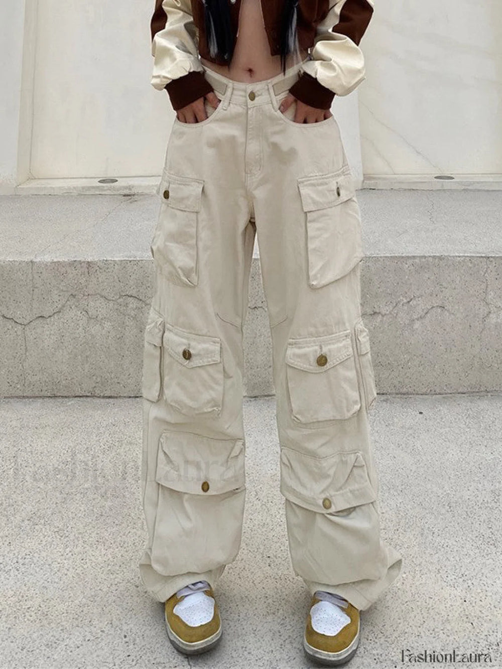 Multi Pockets Vintage Baggy Cargo Jeans Apricot / M Cargo Jeans