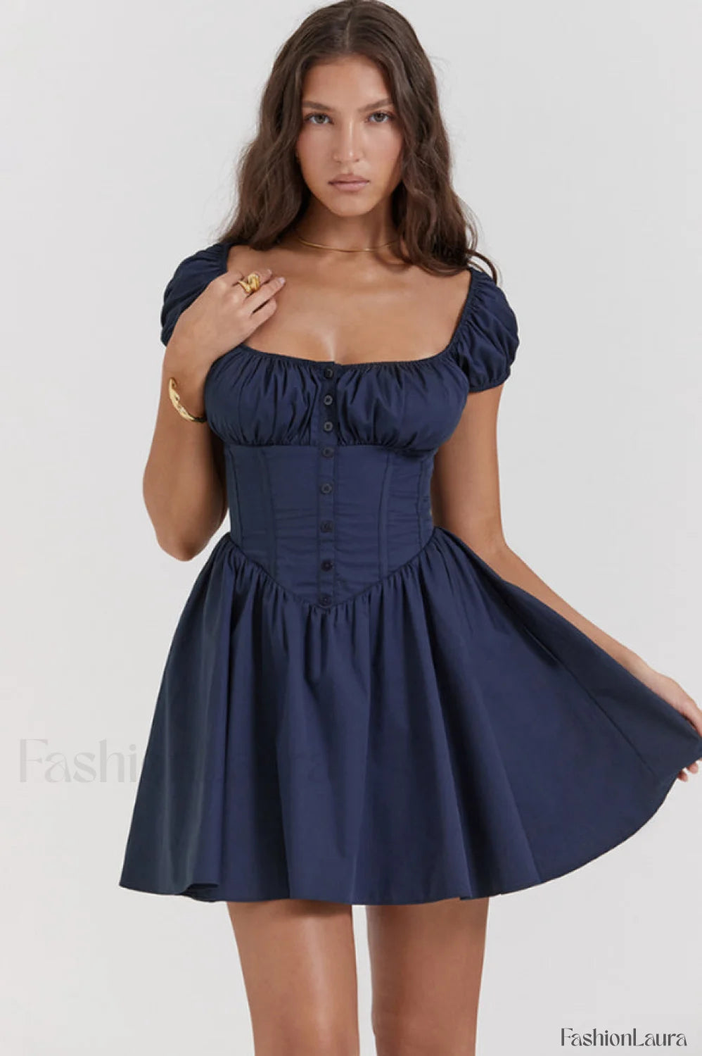 Nala French Navy Charming Gathered Mini Dress