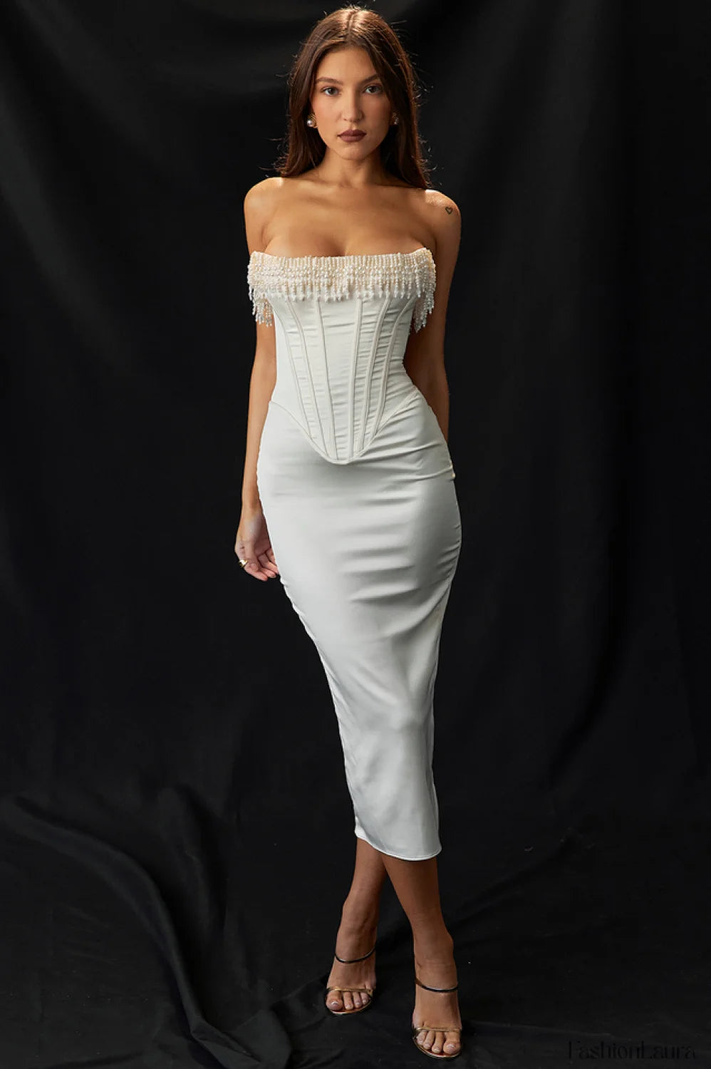 Nalita Vintage Cream Charming Beaded Strapless Dress