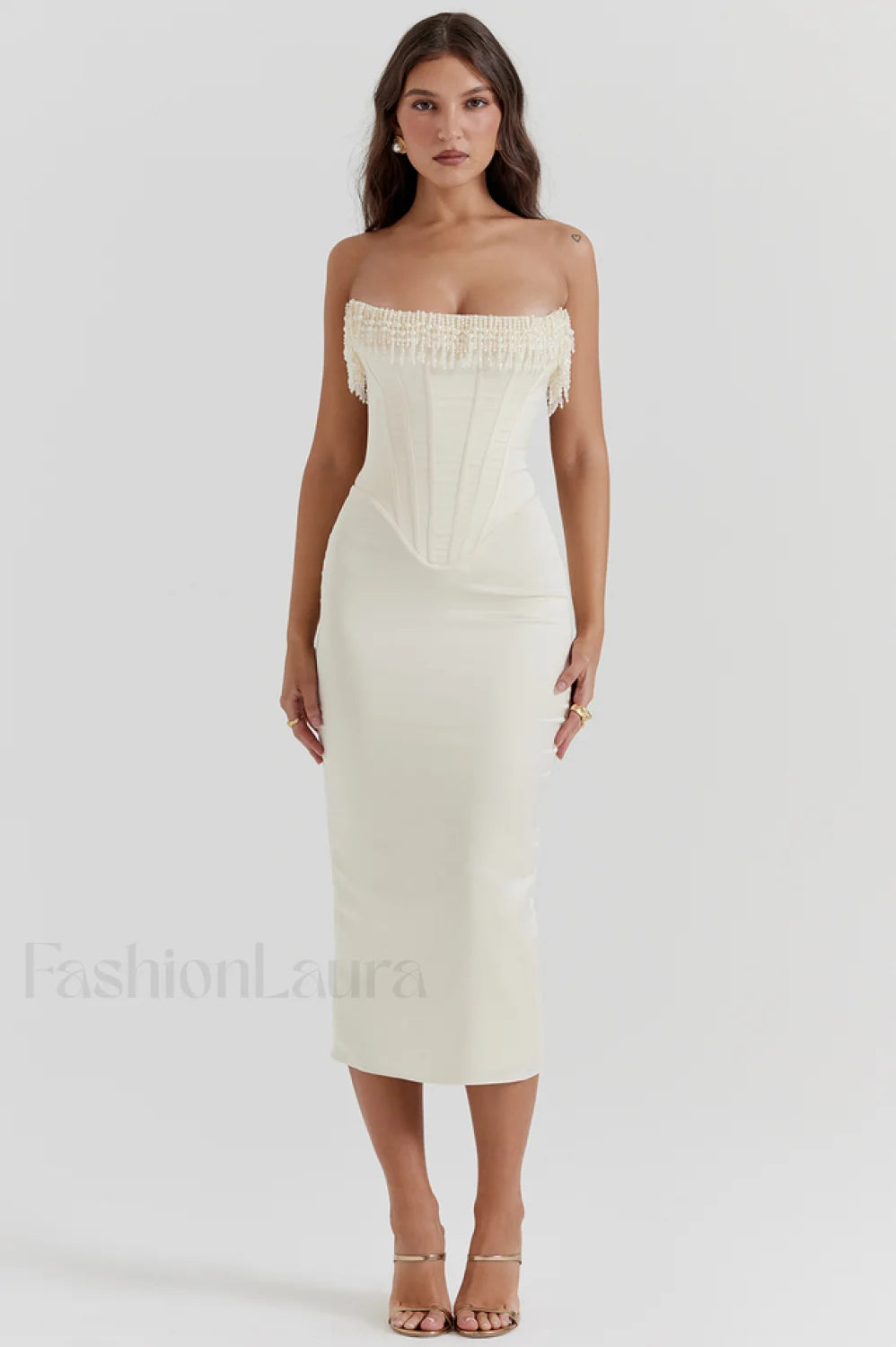Nalita Vintage Cream Charming Beaded Strapless Dress
