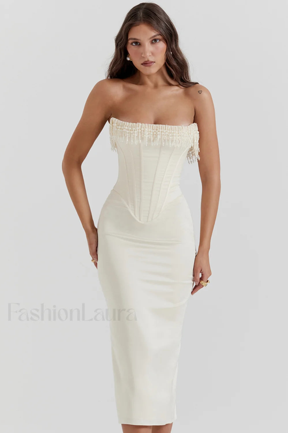 Nalita Vintage Cream Charming Beaded Strapless Dress