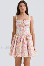 Natassia White Stylish Cotton Mini Dress XS / Pink Meadow Print