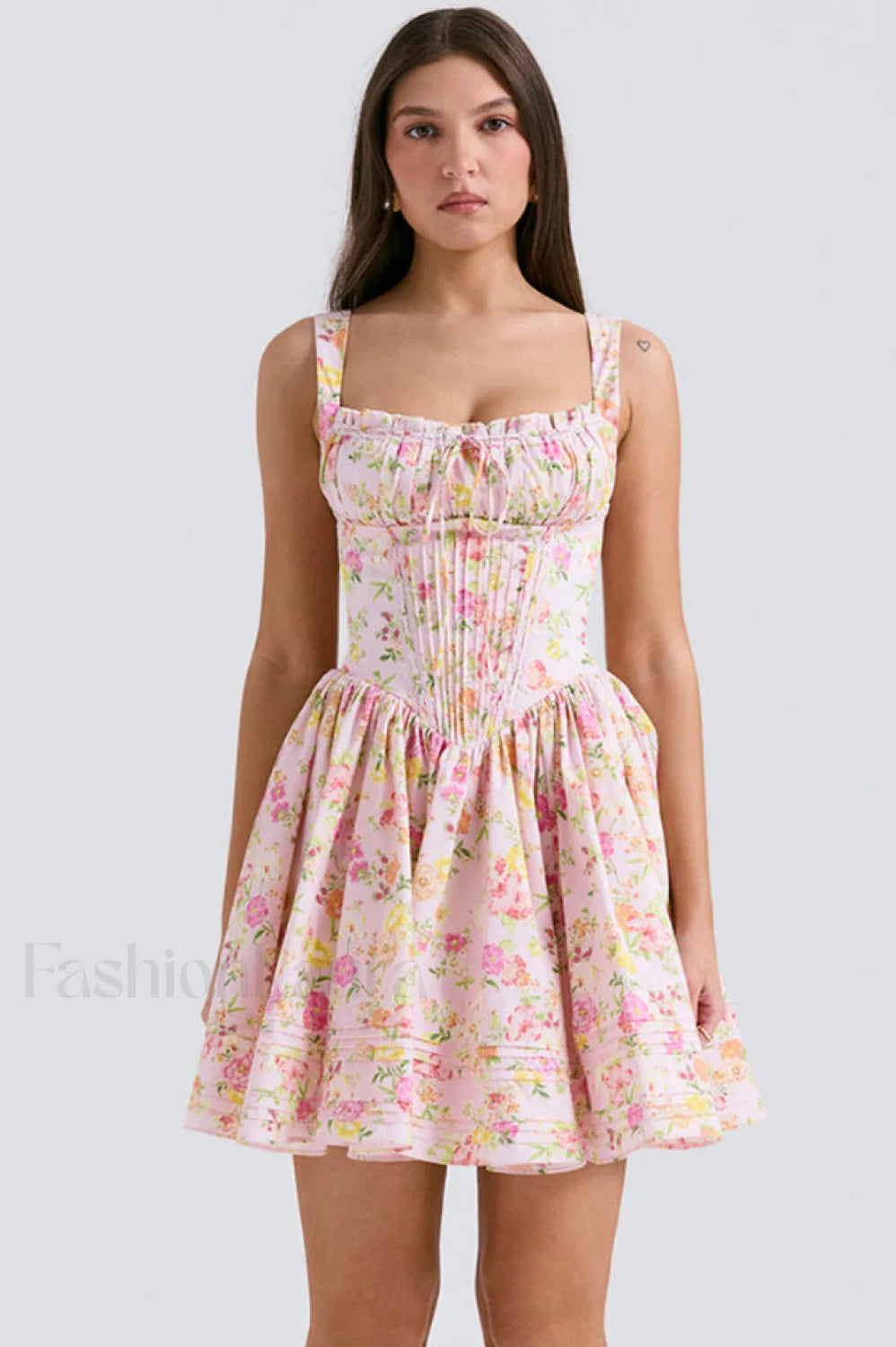 Natassia White Stylish Cotton Mini Dress XS / Pink Meadow Print