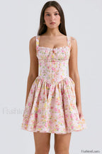 Natassia White Stylish Cotton Mini Dress XS / Pink Meadow Print