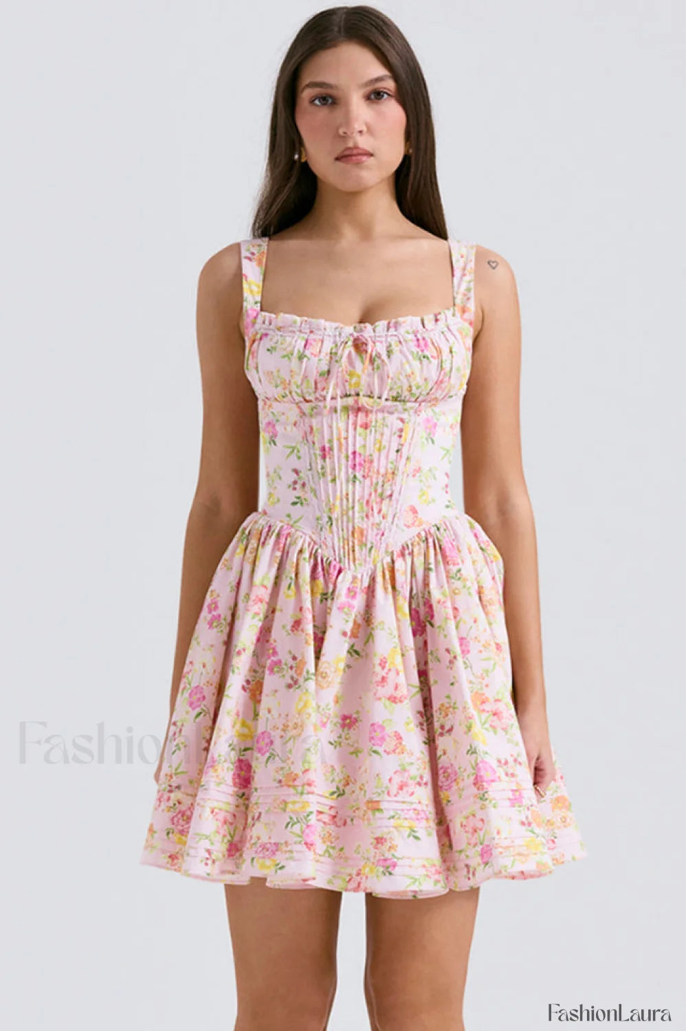 Natassia White Stylish Cotton Mini Dress XS / Pink Meadow Print