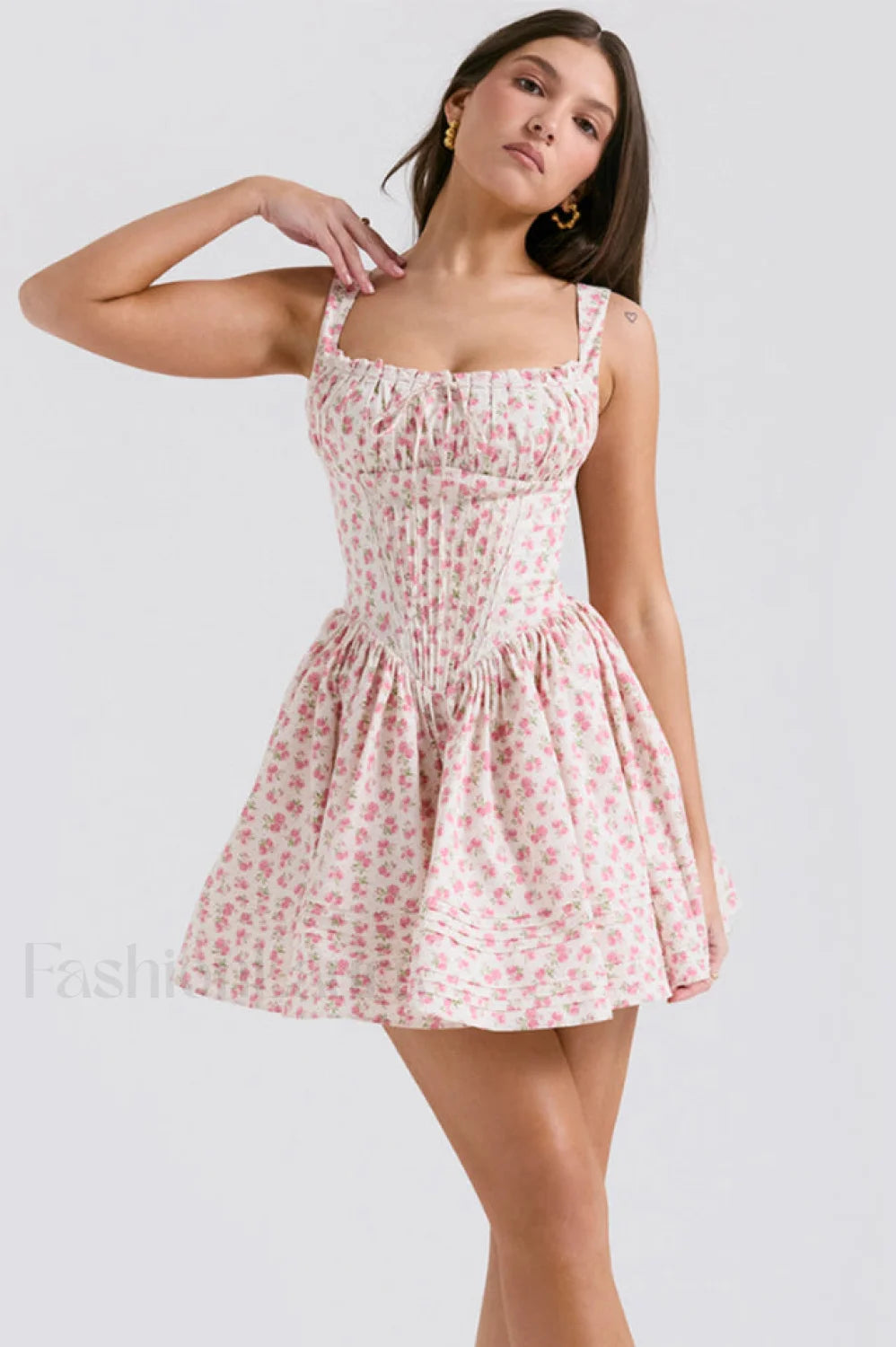 Natassia White Stylish Cotton Mini Dress XS / White Rosebud Print