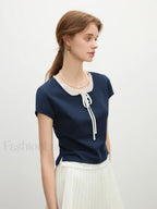 Navy Blue Fake Two piece Casual T Shirt Blue / XS