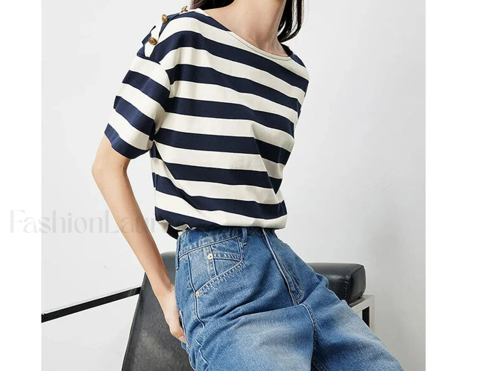 Navy Striped Round Neck Loose T Shirt Navy Bule / S