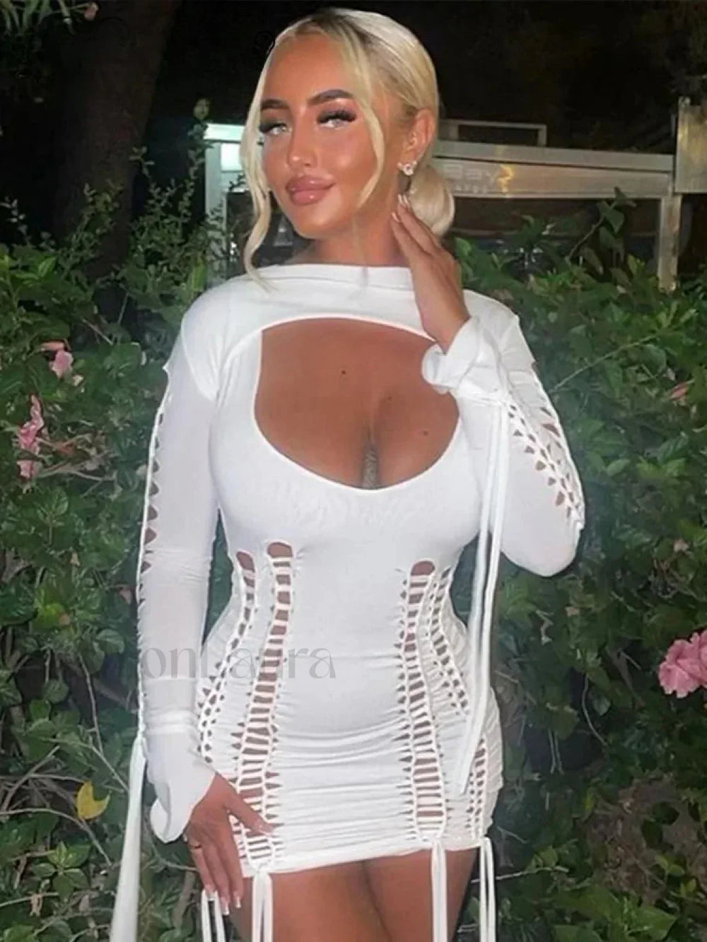 Neon Bandage Ruched Mini Dress WHITE / S