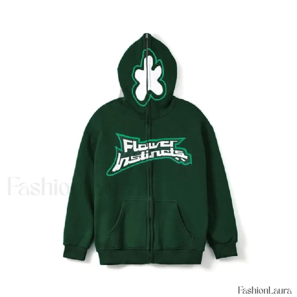 Neutral Casual Loose Oversized Flower Embroidery Zipper Hoody Green / S Sweatshirts & Hoodies L