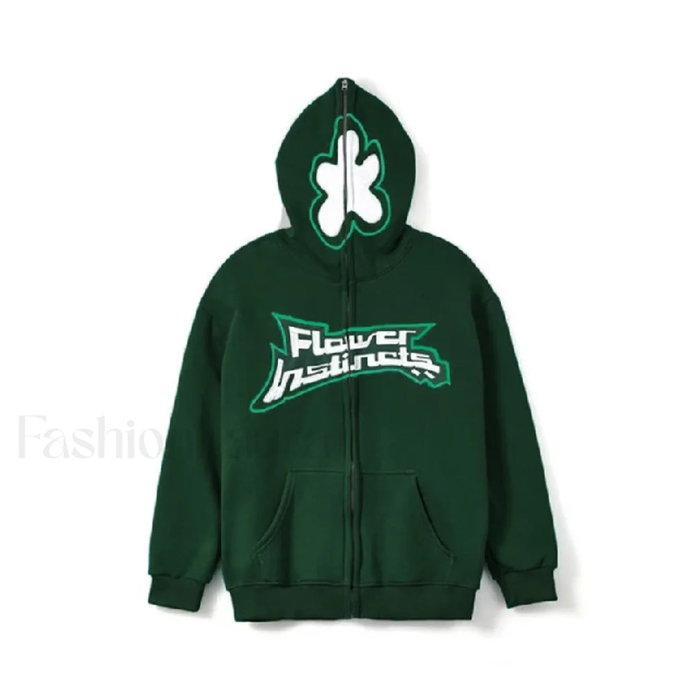 Neutral Casual Loose Oversized Flower Embroidery Zipper Hoody Green / S Sweatshirts & Hoodies L