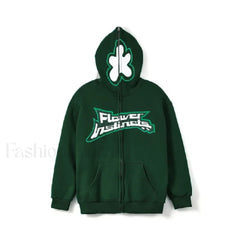 Neutral Casual Loose Oversized Flower Embroidery Zipper Hoody Green / S Sweatshirts & Hoodies L