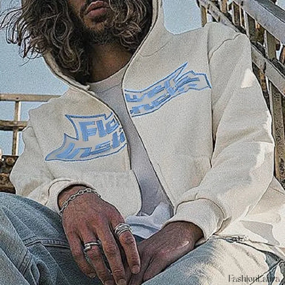 Neutral Casual Loose Oversized Flower Embroidery Zipper Hoody Sweatshirts & Hoodies L