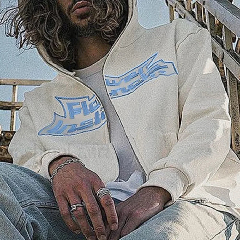 Neutral Casual Loose Oversized Flower Embroidery Zipper Hoody Sweatshirts & Hoodies L