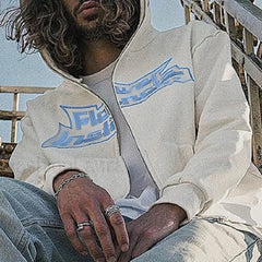 Neutral Casual Loose Oversized Flower Embroidery Zipper Hoody Sweatshirts & Hoodies L