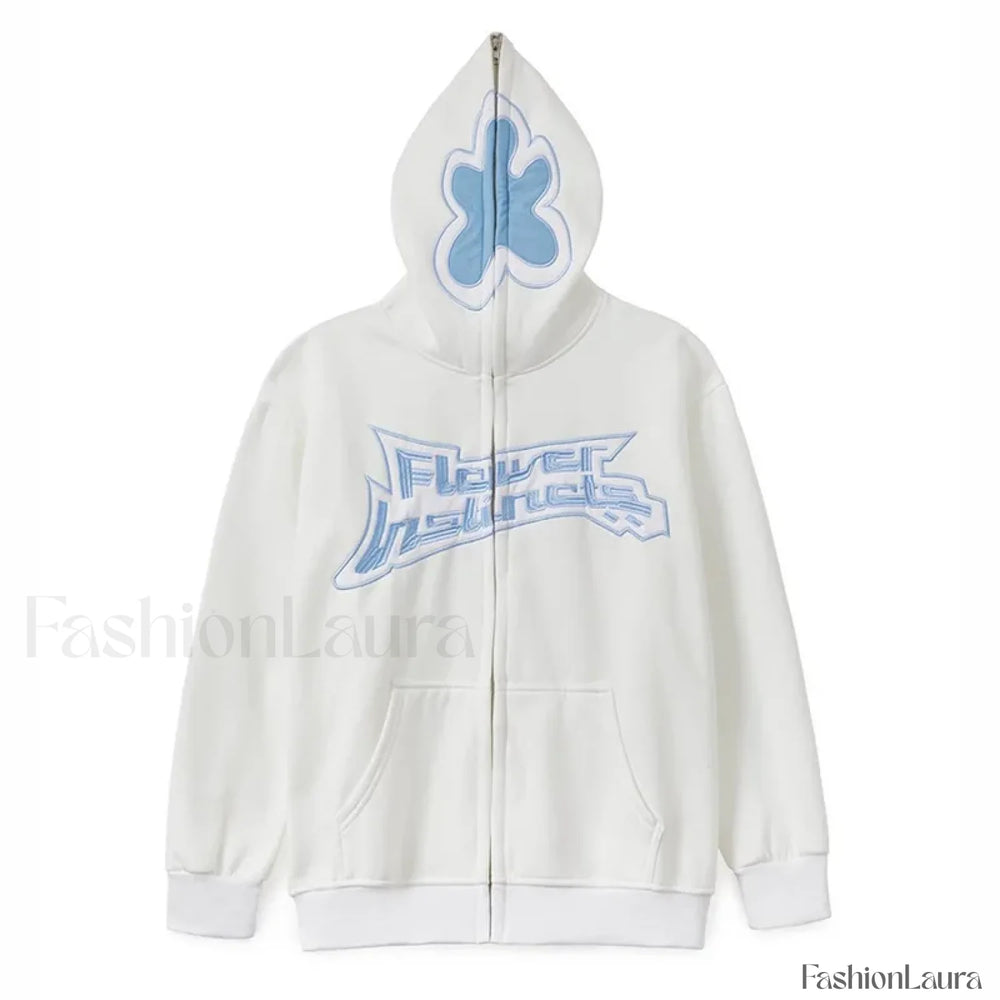 Neutral Casual Loose Oversized Flower Embroidery Zipper Hoody White / S Sweatshirts & Hoodies L