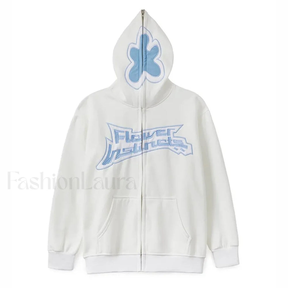 Neutral Casual Loose Oversized Flower Embroidery Zipper Hoody White / S Sweatshirts & Hoodies L