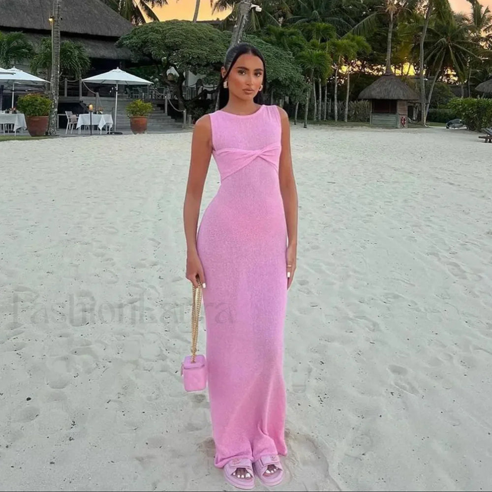 New Fashion Sexy Sleeveless Knitted O Neck Long Women Holiday Slim Fit Knit Beach Summer Maxi Dress Pink / S