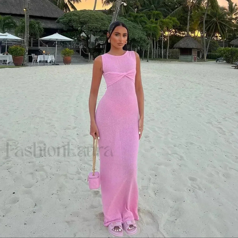 New Fashion Sexy Sleeveless Knitted O Neck Long Women Holiday Slim Fit Knit Beach Summer Maxi Dress Pink / S