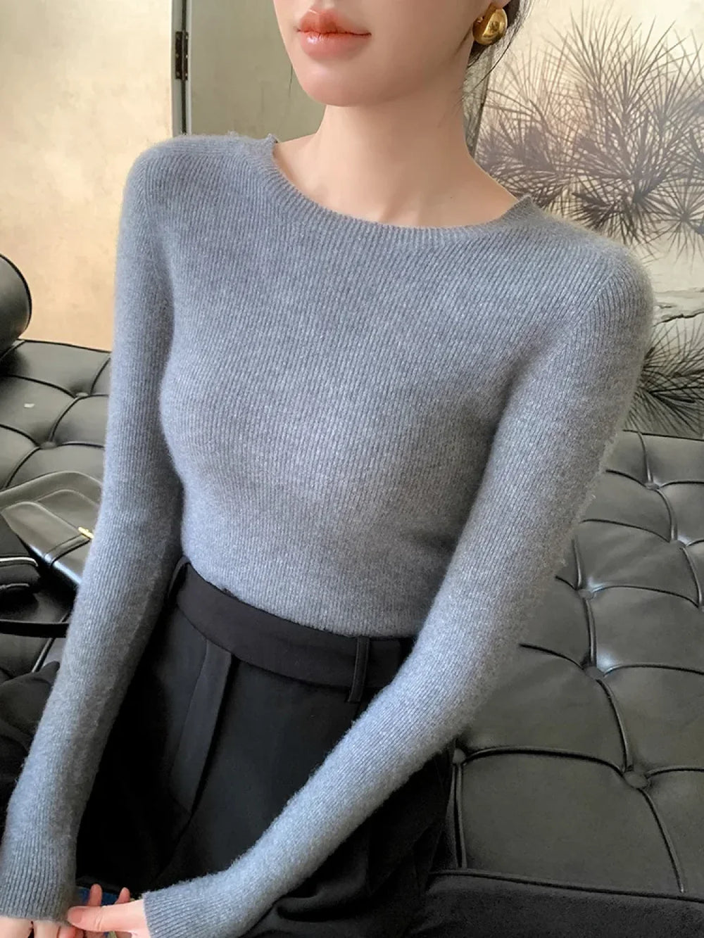 New Fashion Women’s Slim O neck Half Sleeve Pullover Solid Color Merino Wool Sweater Sweaters L