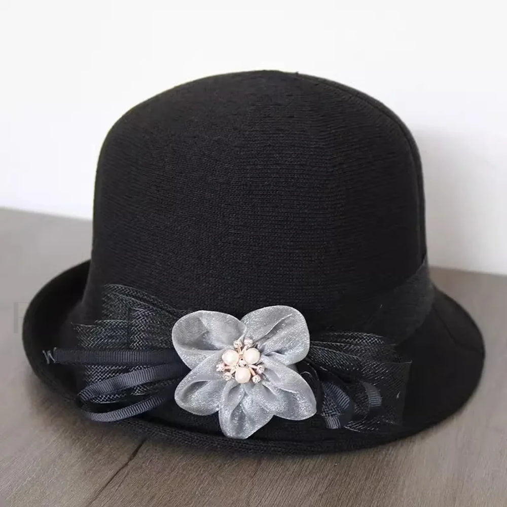 New Flower Small Pot Fashionable Woolen Curved Brim Top Hat black