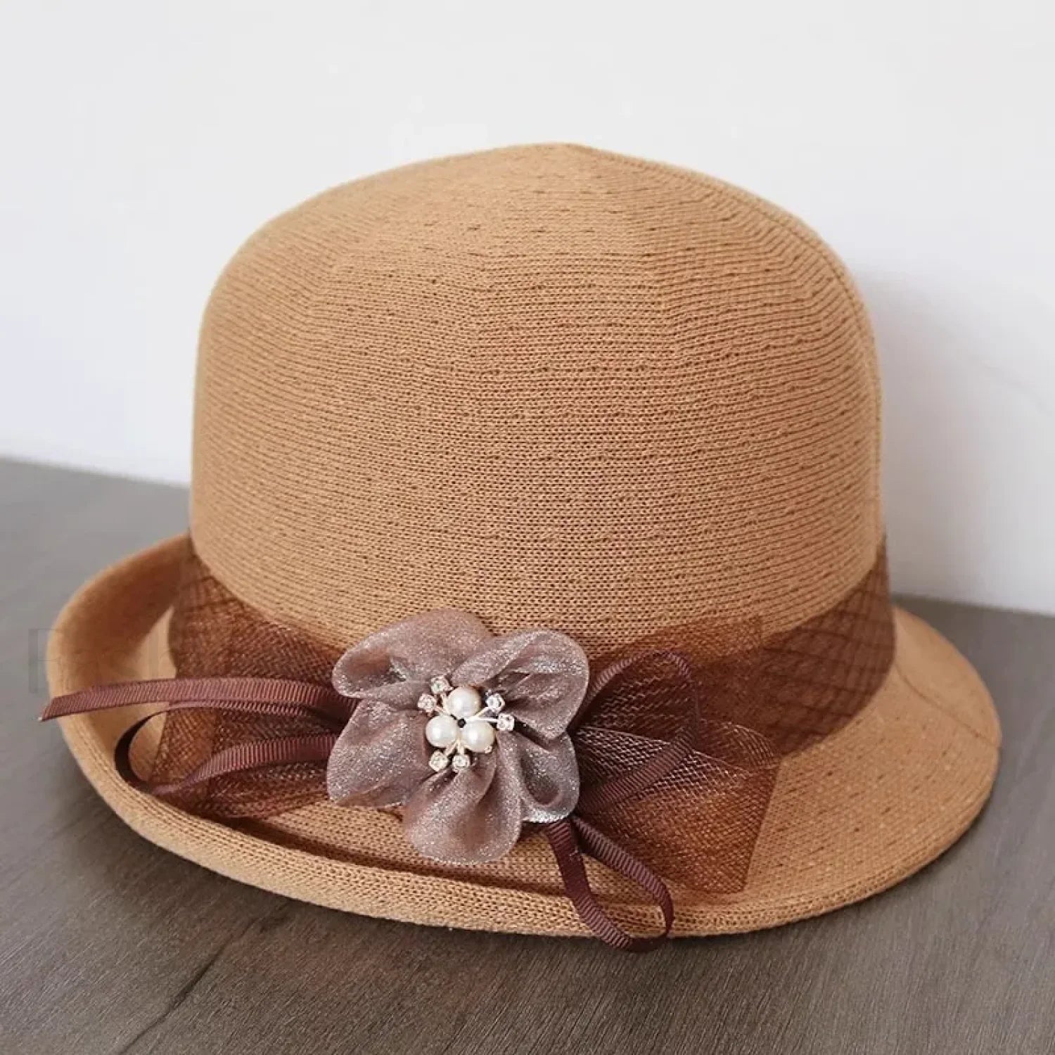 New Flower Small Pot Fashionable Woolen Curved Brim Top Hat Camel