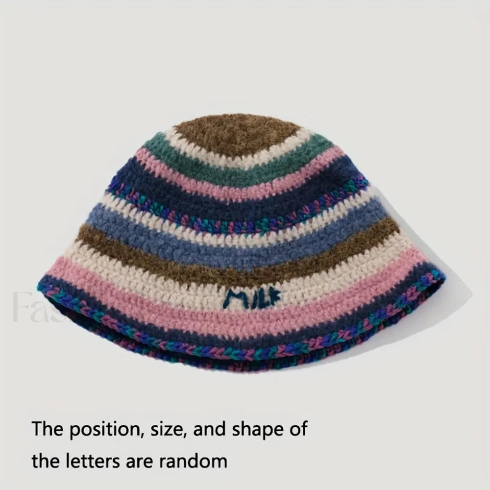 New Knitted Fisherman Autumn Winter Warm Retro Striped Basin Hat Blue / One Size