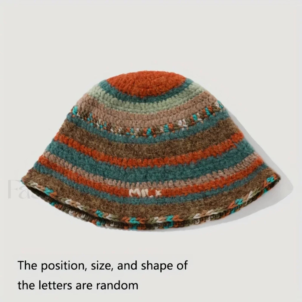 New Knitted Fisherman Autumn Winter Warm Retro Striped Basin Hat camel / One Size