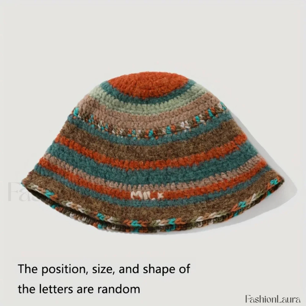 New Knitted Fisherman Autumn Winter Warm Retro Striped Basin Hat camel / One Size