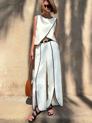 New O Neck Crop Pants Two Piece Set WHITE / S