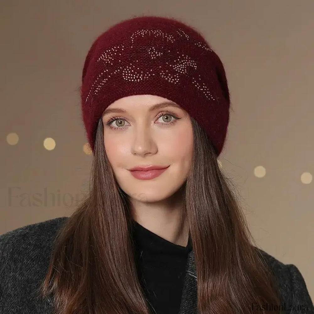 New Winter Fashion Decorate Rabbit Fur Blend Warm Hat Wine Red / 55cm 60cm