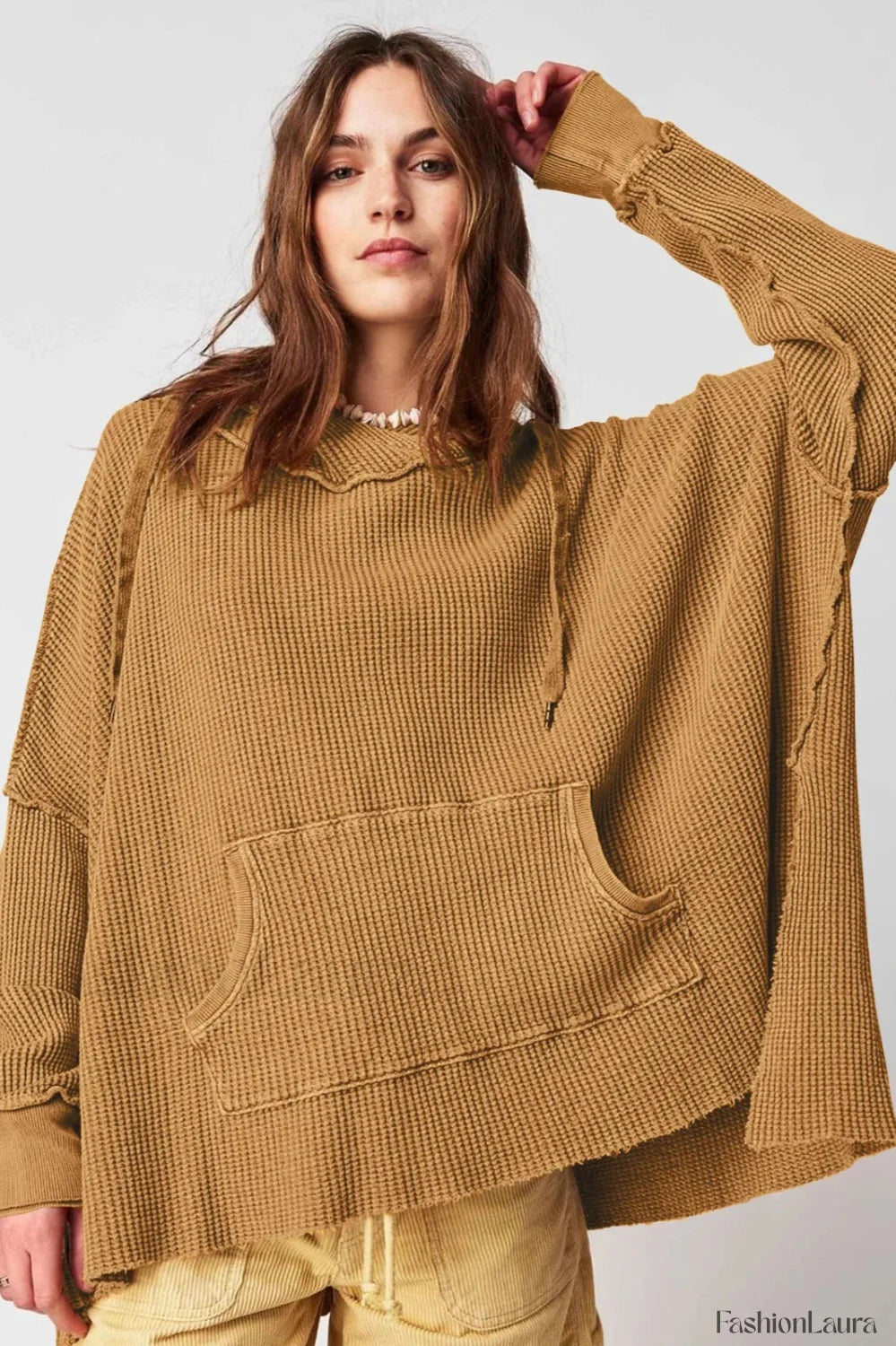 Newly Waffle Oversized Hooded Hoodie Brown / S