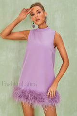 Nisha Feather Stylish Mini Dress S / Lilac