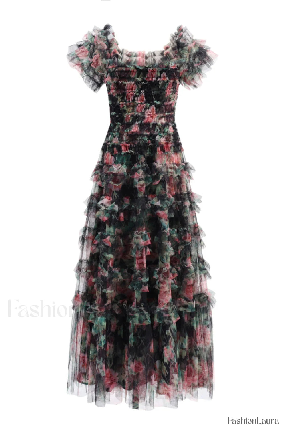 Nola Ruched Stylish Floral Maxi Dress S / Black Floral