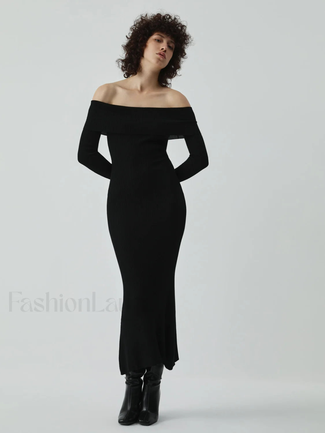 Nostalgia Off Shoulder Long Modern Sleeve Long Sweater Dress Black / XS Sweaters L Main image