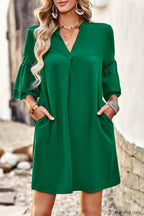 Notched Neck Flare Charming Sleeve Pocket Dress