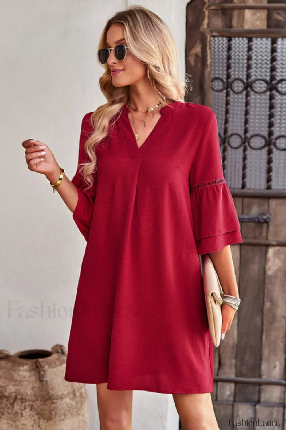 Notched Neck Flare Charming Sleeve Pocket Dress