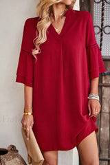 Notched Neck Flare Charming Sleeve Pocket Dress