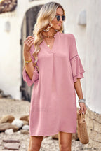 Notched Neck Flare Charming Sleeve Pocket Dress S / Pink