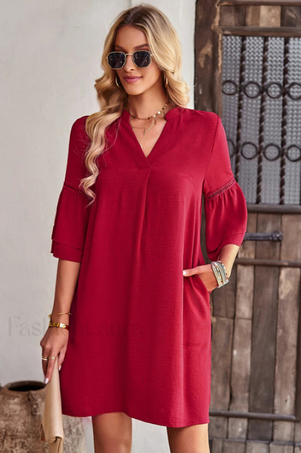 Notched Neck Flare Charming Sleeve Pocket Dress S / Red Main image