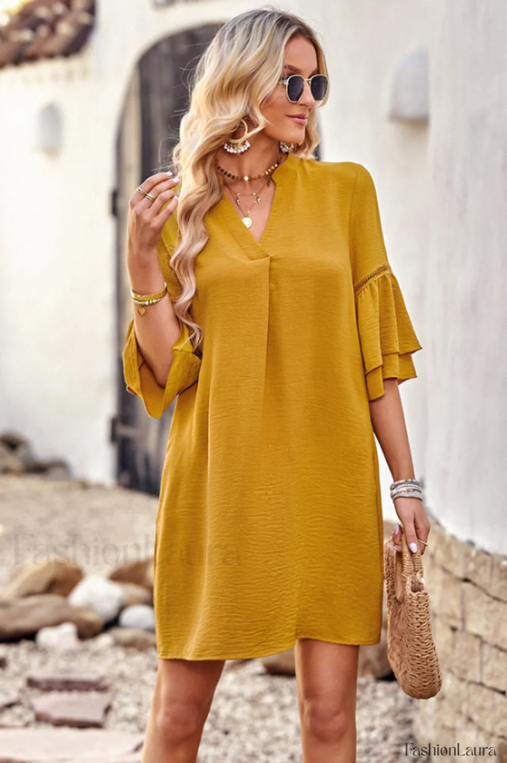 Notched Neck Flare Charming Sleeve Pocket Dress S / Yellow