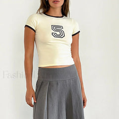 Number Print Slim Crop Top T Shirt