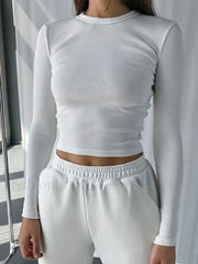 O Neck Long Sleeve Ribbed Cropped T shirt