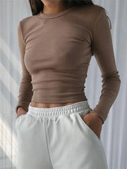 O Neck Long Sleeve Ribbed Cropped T shirt