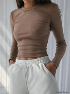 O Neck Long Sleeve Ribbed Cropped T shirt