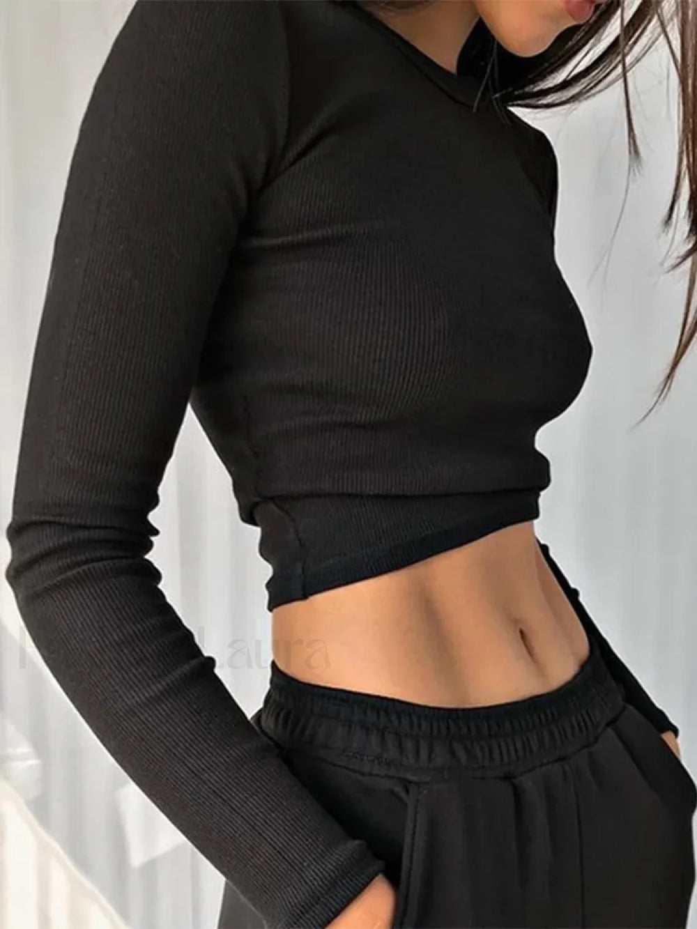 O Neck Long Sleeve Ribbed Cropped T shirt Black / S