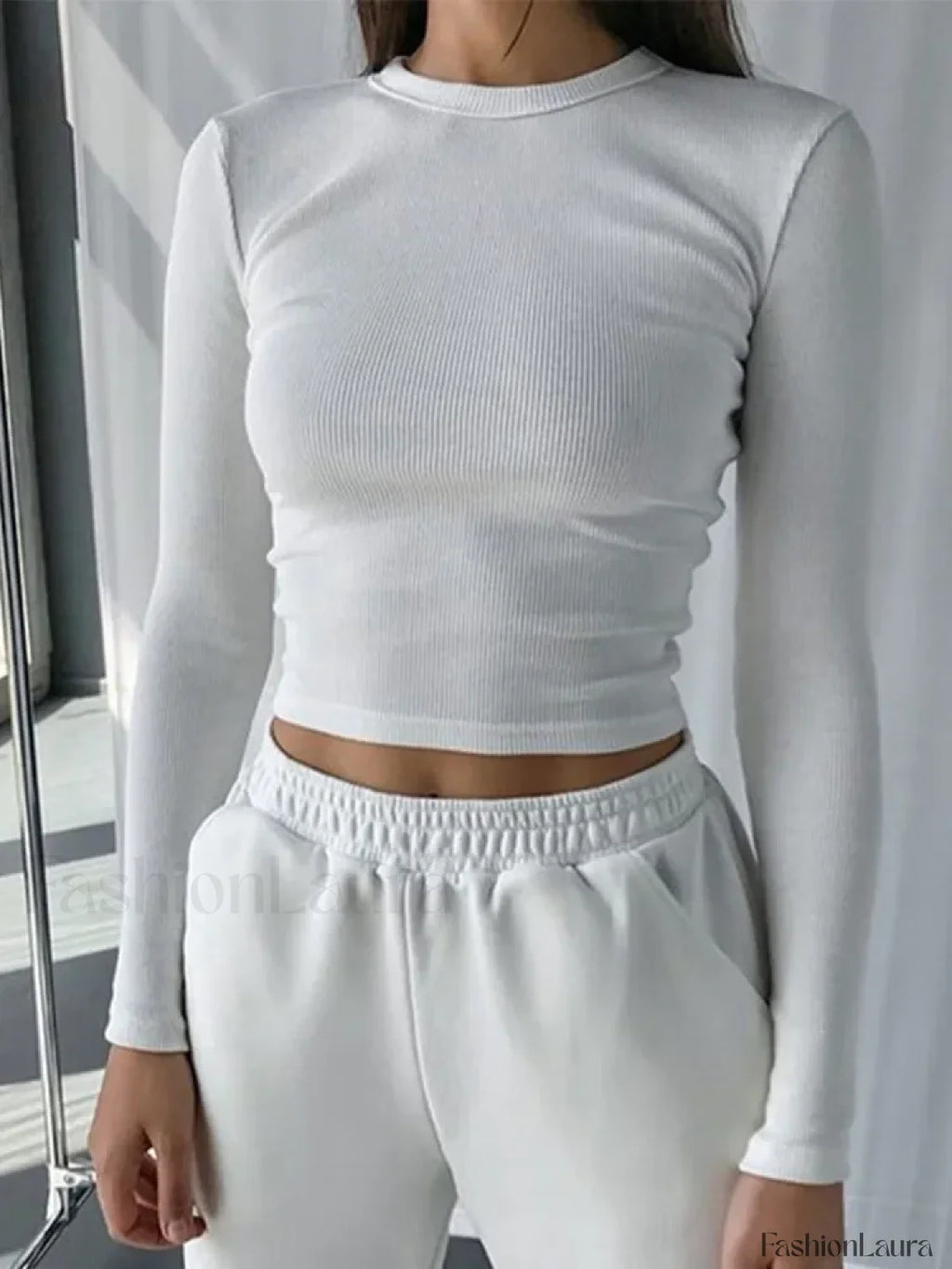 O Neck Long Sleeve Ribbed Cropped T shirt WHITE / S