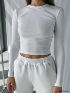 O Neck Long Sleeve Ribbed Cropped T shirt WHITE / S
