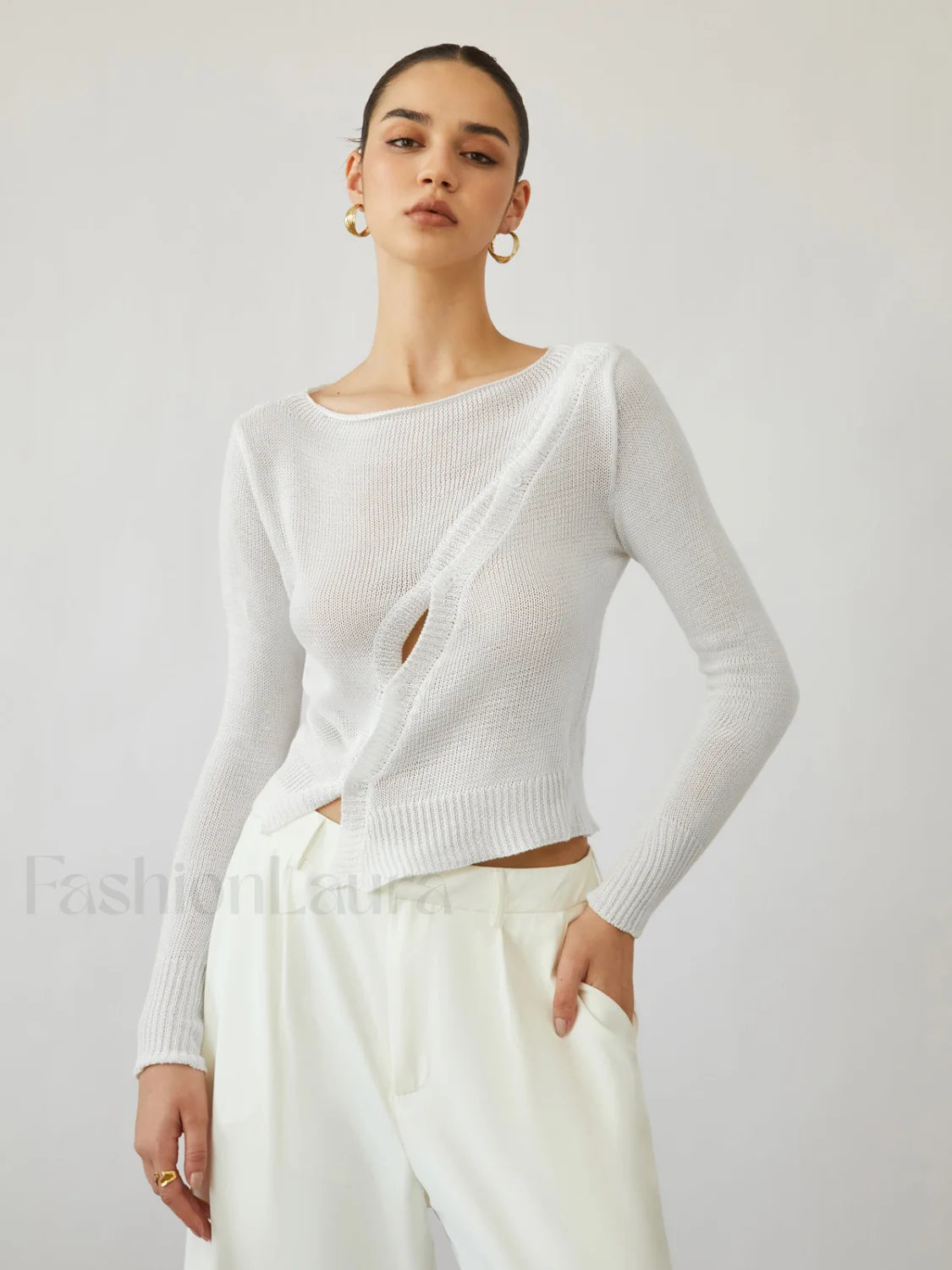 Oblique Buttoned Cover Trendy Up Knit Top Sweaters L